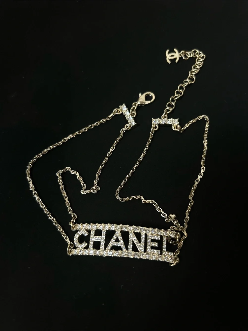 CHANEL Gold Crystal-Embellished Logo Necklace